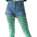 ToBeInStyle Women's Thin Horizontal Stripe Opaque Tights Pantyhose - Regular or Plus (White/Kellygreen)