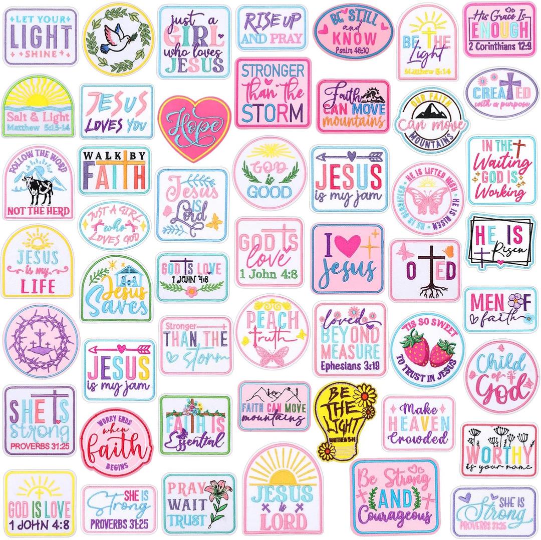 50 Pcs Themed Iron on Patches Applique with Words Embroidered Sew on Cloth Colorful Multiple Styles Patches for Clothes Hats Backpacks Jackets Accessories Souvenirs Gifts(Pink Bible)