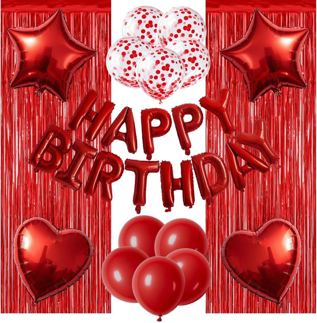 29 Pcs Red Birthday Party Decorations - Happy Birthday Balloons Banner Red, Heart & Star Foil Balloons, Confetti & Latex Balloon, Foil Fringe Curtains Party Supplies for Women