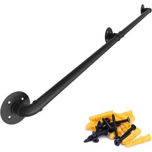 Muzata 5ft Staircase Handrail Black Pipe Handrail Bar Foot Rail Kit for Indoor Stairs 440LBS Load Capacity Wall Mount Support Galvanized Steel Industrial Style, HW20 BBG