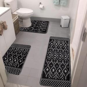 Uphome Bathroom Rugs Sets 3 Piece Boho Bathroom Runner with U-Shaped Toilet Rug Non-Slip Moroccan Farmhouse Black Bath Mat Soft Machine Washable Bath Rugs for Sink Tub Shower