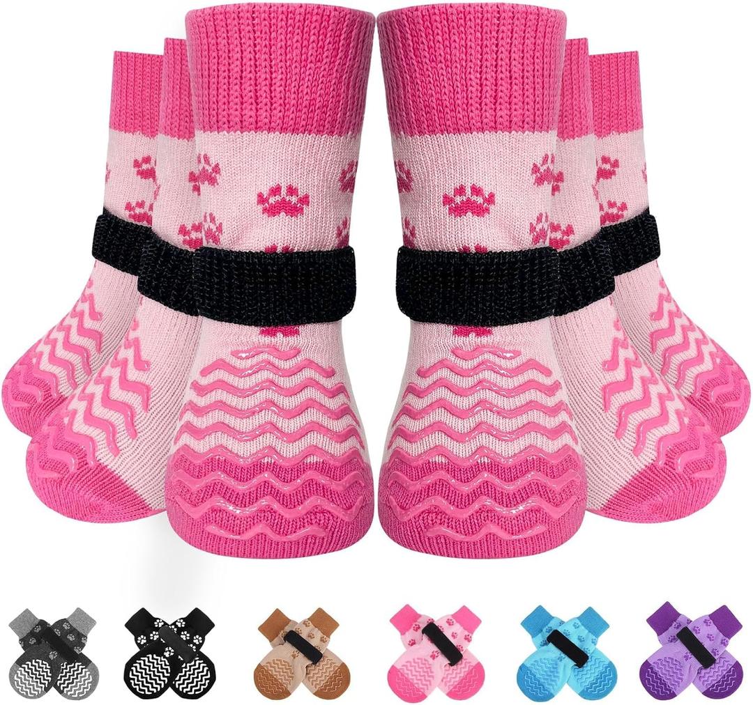EXPAWLORER 6Pcs Anti Slip Dog Socks to Prevent Licking Paws, Dog Shoes for Winter, Double Sides Dog Boots & Paw Protectors Booties for Hardwood Floors with Grippers Small Medium Large Senior Dogs, S (Pink)
