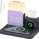 Alarm Clock Charging Station for Bedrooms, 7 in 1 Wireless Charging Station, Magnetic Charger with Night Light Bedside Clock for iPhone 17 16 15 14 13 12 Pro Max, Apple Watch, AirPods (Deep Purple)