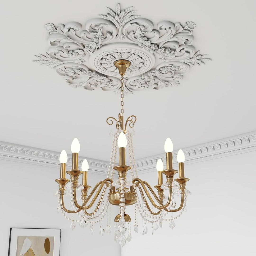 Nuanchu Large PU Ceiling Medallion Combination Decorative 2.36'' ID French Style Chandelier Base Ceiling Medallion for Light Fixtures Victorian Rosette Light Covers for Chandeliers(28'',Classic)