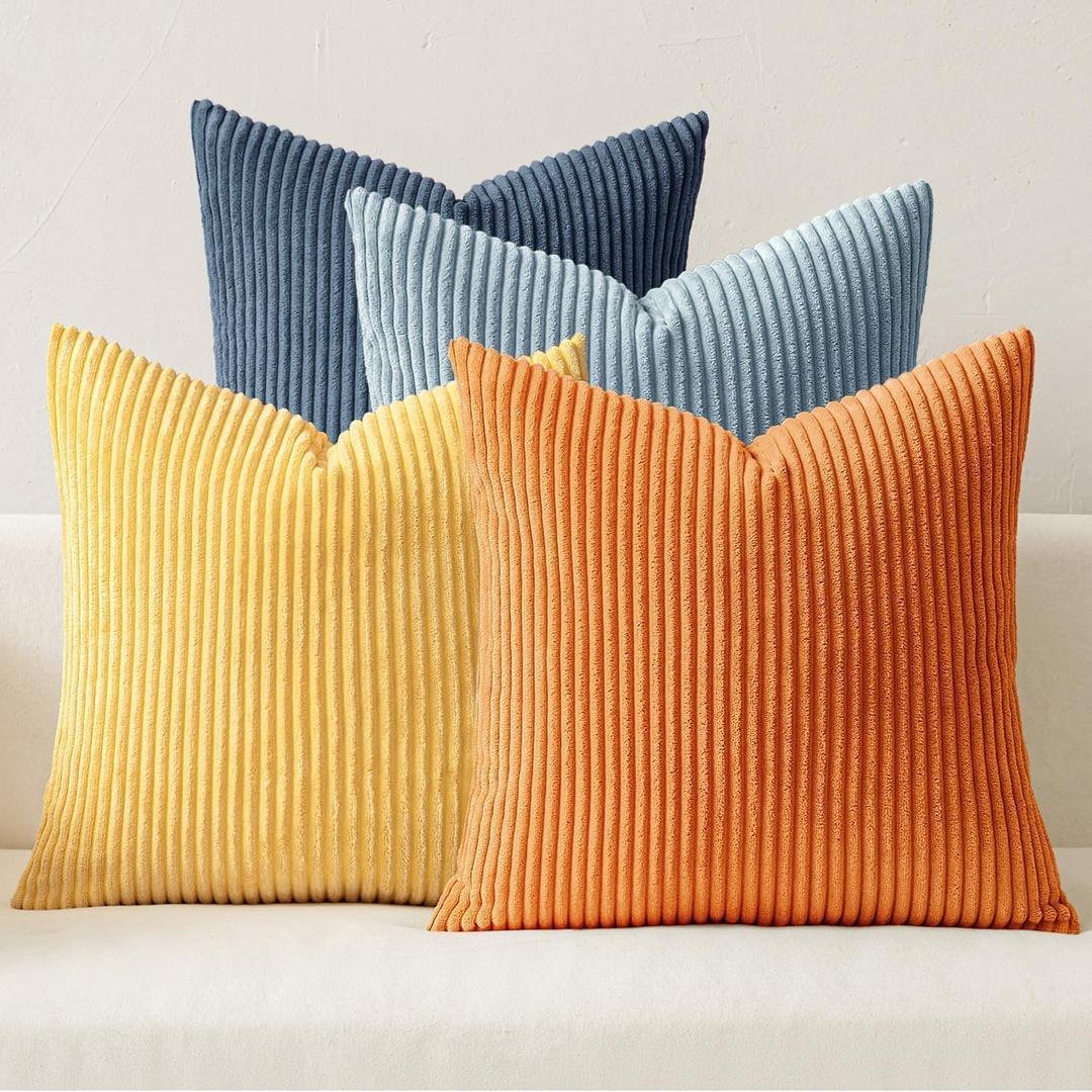 MIULEE Pack of 4 Blue-Orange Corduroy Decorative Throw Pillow Covers 20x20 Inch Soft Boho Striped Pillow Covers Modern Farmhouse Home Decor for Summer Sofa Living Room Couch Bed