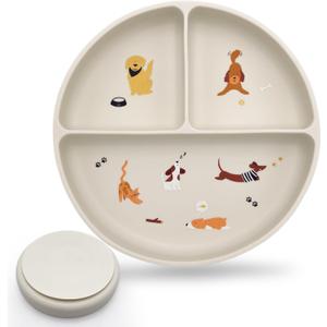 Silicone Suction Plates with Dividers - Grip Plates for Babies 6-12 Months and Toddlers 1-3, Toddler and Baby Dishes, Baby Led Weaning Essentials, Dishwasher Safe (Beige - Dogs and Cats) 