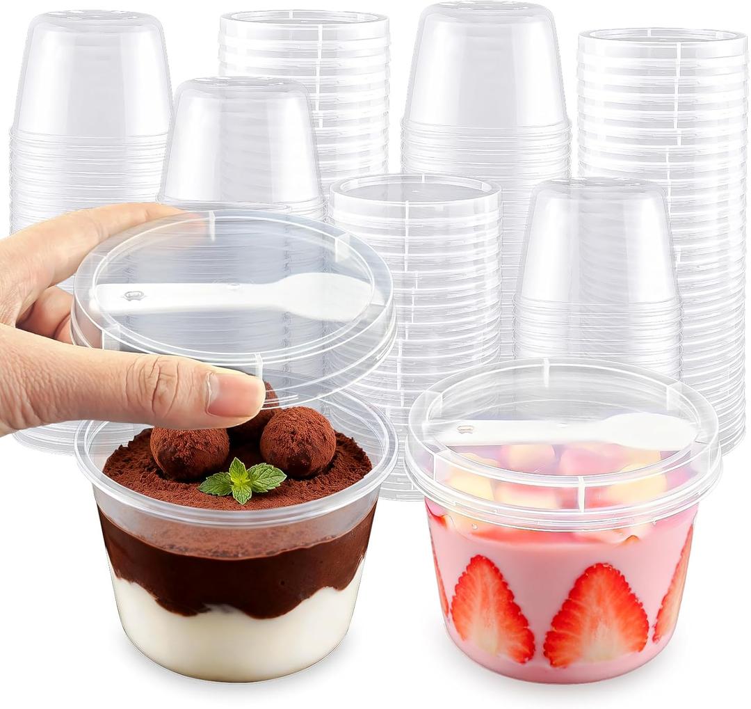50 Pack 8oz Clear Plastic Pudding/Jello Cups with Lids,Plastic Dessert Cups with Lids and Spoons,Mini Round Yogurt Parfait/Appetizer Cups with Spoons for Milkshake/Fruit/Ice Cream for Party