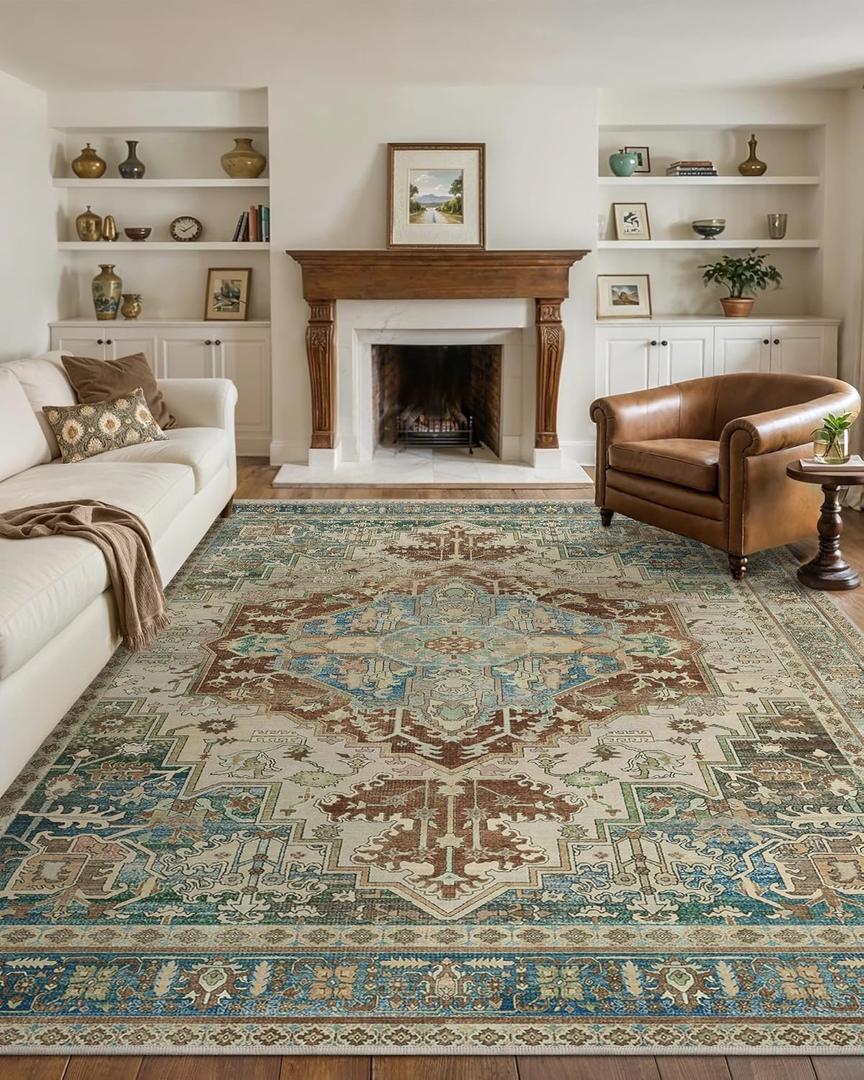 GENIMO 8X10 Area Rugs for Living Room, Machine Washable Vintage Floor Cover Foldable Modern Non Slip Rug, Low Pile Soft Indoor Carpet Floral Print Mat Rug,Bedroom/Dining Room/Home Office,Sage Green