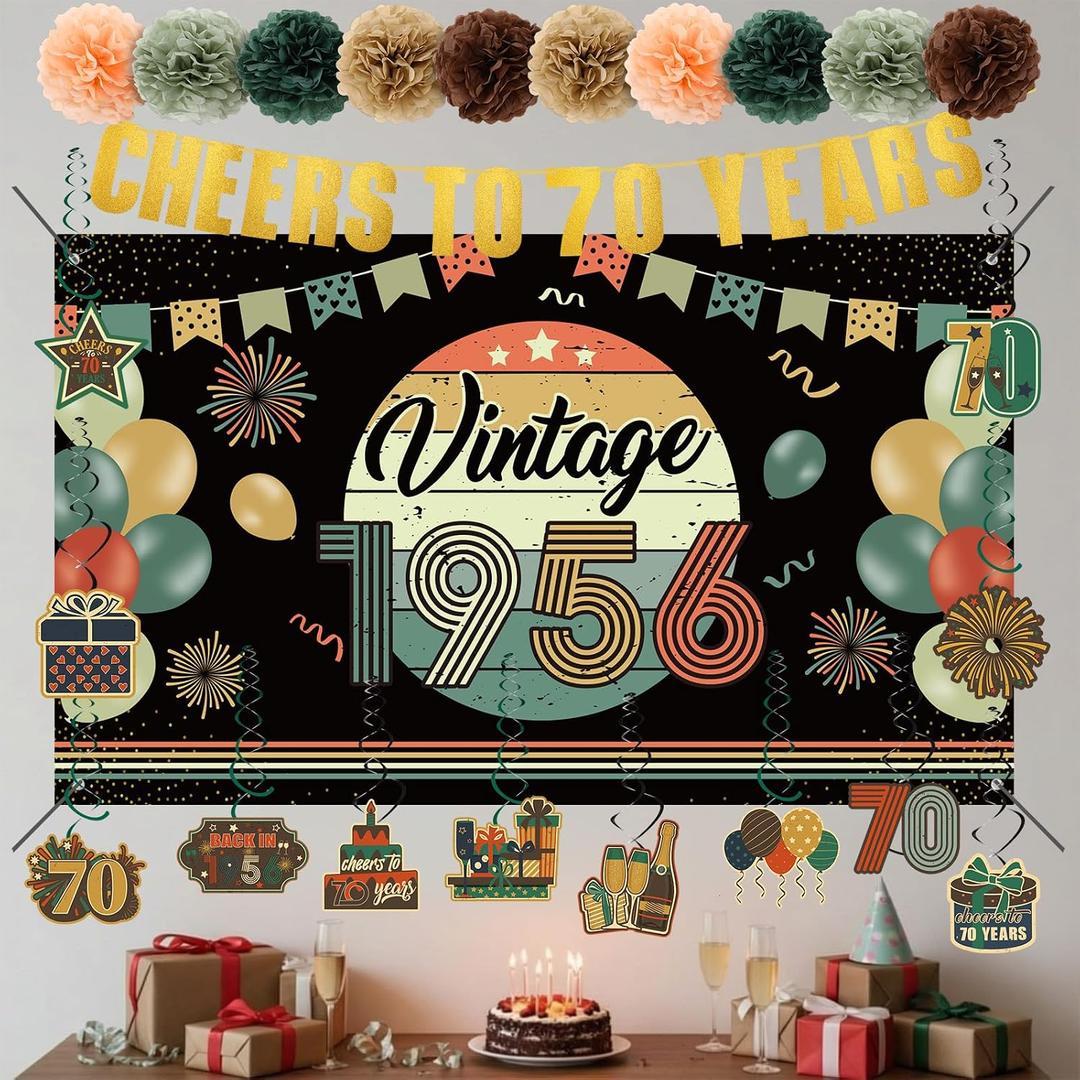 RoundFunny Vintage 70th Birthday Decorations for Men Women 1956 Banner Decorations, Including Back in 1956 Backdrop, Cheers to 70 Years Banner, 12 Hanging Swirl, 10 Paper Poms
