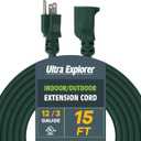 Green Indoor Outdoor Extension Cord 15 Ft, 12/3 SJTW Heavy Duty Green Extension Cable with 3 Prong Grounded Plug - Power Cord for Lawn, Garden, Appliances