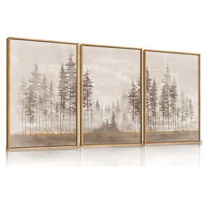 Beige Foggy Pine Tree Framed Canvas Wall Art Set,Modern Misty Forest Wall Decor,Nature Landscape Brown Art Print for Living Room,Bedroom-16 x24 x3