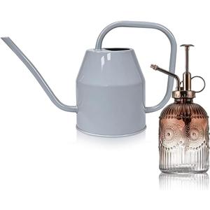 35 oz/1000 ml Metal Indoor Small Watering Can with Long Spout for House Plants Decorative, 12 oz/360 ml Glass Plant Mister Spray Bottle for Bonsai Garden Flowers (Grey)