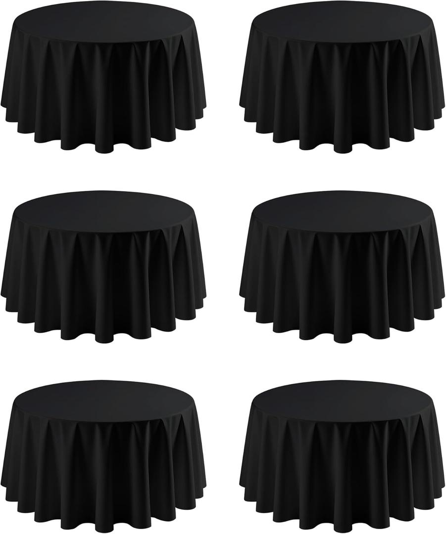 Black Round Table Cloth - 6 Pack, 120" Washable Polyester Tablecloth for Round Tables, Wrinkle-Resistant Table Cover for Weddings & Parties