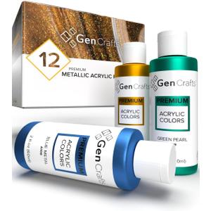 GenCrafts Metallic Acrylic Pouring Paint 12 Colors Pre-Mixed High Flow & Ready to Pour - 2 oz./60 ml Bottles - Multi-Purpose Paints for Canvas, Paper, Rocks, Wood