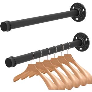 2 Pcs 12 Inch Industrial Pipe Clothes Rack DIY Wall Mounted, Heavy Duty Rustic Vintage Clothing Rod, Metal Garment Bar Multi-Purpose Hanging for Bedroom, Bathroom, Cabinet and Laundry Room (Black)