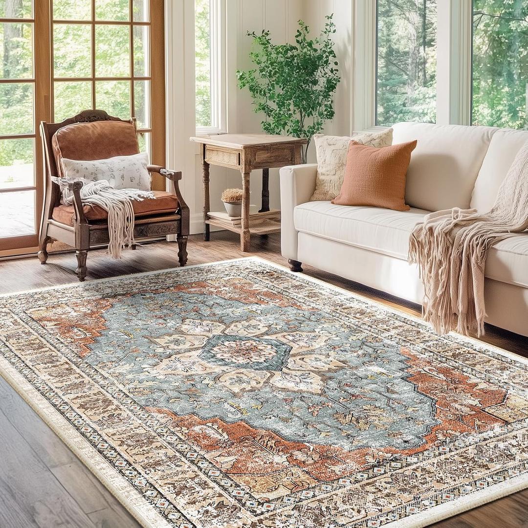 BESTSWEETIE 5x7 Area Rug Washable Rugs for Living Room, No Pile Boho Carpet for Entryway Bedroom Dinning Room, Vintage Carpet Print Distressed Non-Slip, 5 x 7 ft, Green Brick Rust Red