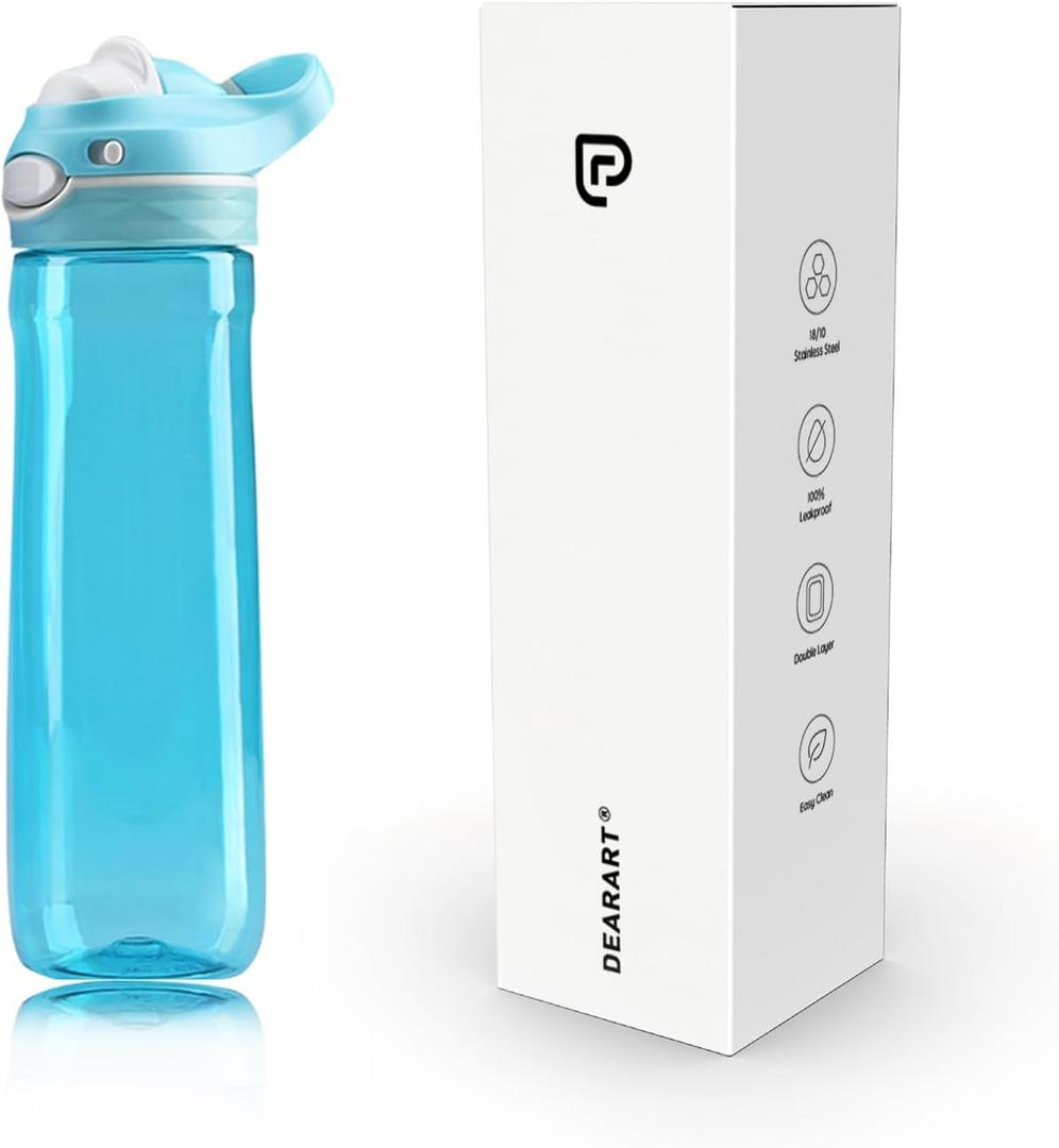 DEARART 26oz Sky Blue Water Bottle Without Straw Wide Mouth, AUTOSEAL BPA FREE Leakproof Clear Bottle Has Handle, Easy Carried, Suit School Office Gym Yoga Sports etc.
