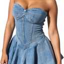 SHINFY Womens Summer Denim Dress Sexy Off Shoulder Strapless Bustier Corset Tube Pleated Mini Jean Dresses (Medium, Blue)