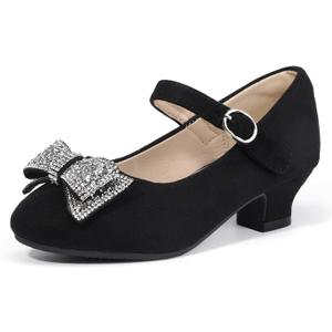 Hehainom Girls Mary Jane Dress Shoes Rhinestones Bows Flower Girl Wedding Princess Low Heels Toddler Little Kids Pump Shoes (Blacksuede,2 Little Kid)