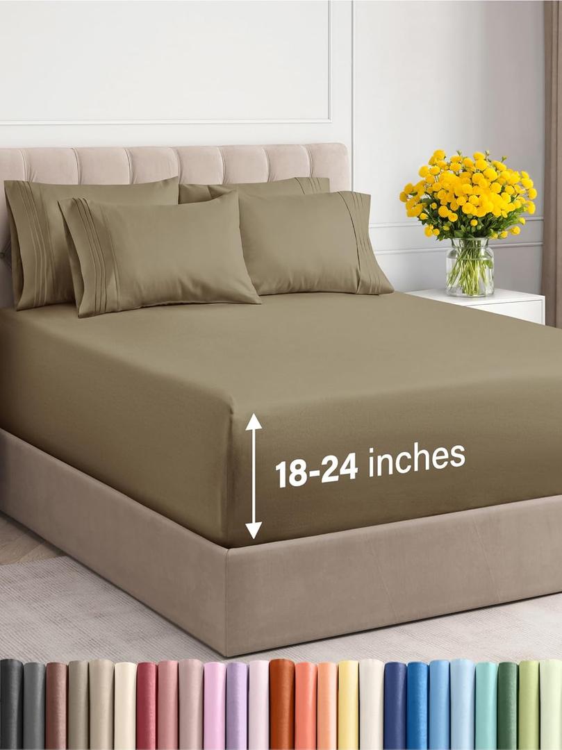 Extra Deep Queen Sheet Set - 6 Piece Breathable & Cooling Sheets - Hotel Luxury Bedding Set w/18-24 Inch Extra Deep Pockets - Easy & Secure Fit - Super Soft, Wrinkle Free & Comfy - Khaki, Queen Size