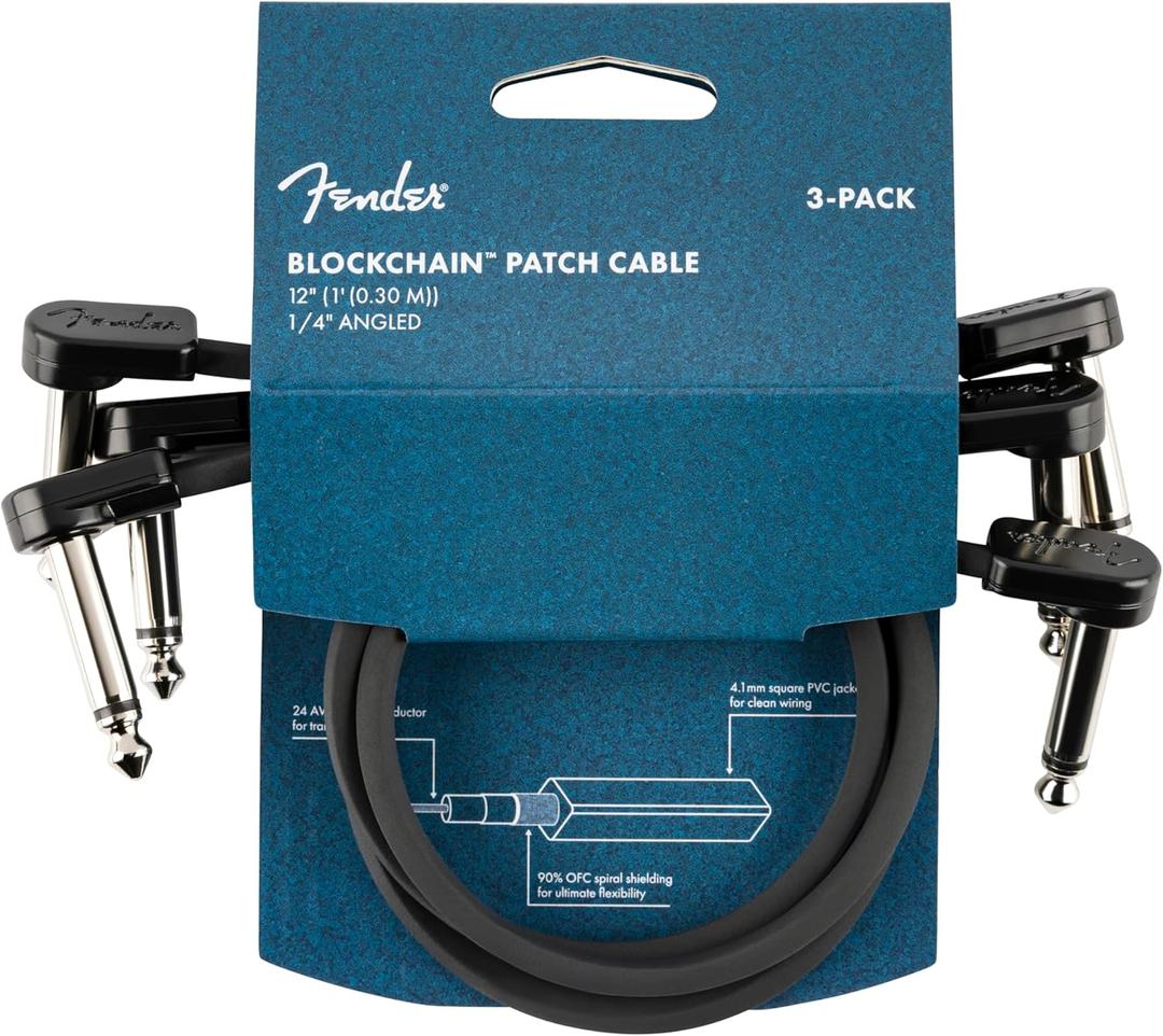 Fender Blockchain 12" Patch Cable, Guitar Cable, Stocking Stuffers, Guitar Accessories, 3-Pack, Angle/Angle