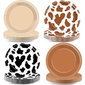CHUNNIN 48Pcs Western Cowboy Party Paper Plates 7” Cow Print Party Supplies Brown Cowgirl Disposable Dessert Dinner Plates for Western Theme Farm Animal Birthday Baby Shower Farmhouse Party Decoration