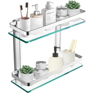 2-Tier Bathroom Glass Shelves, Wall Mounted Tempered Glass Shelf Organizer Storage Holder with 14 Inch Rectangular Glass (8mm Thick) and Aluminum Rail for Shower Lavatory, Hardware Included