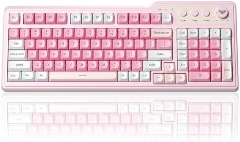 Aula F3099 Wireless Keyboard with Media Knob, Tri-Mode BT5.0/2.4GHz/USB-C Cute Creamy Keyboard with Number Pad, RGB Backlit Gaming Keyboard, Quiet Typing Pink Computer Keyboards for Office Laptop/PC