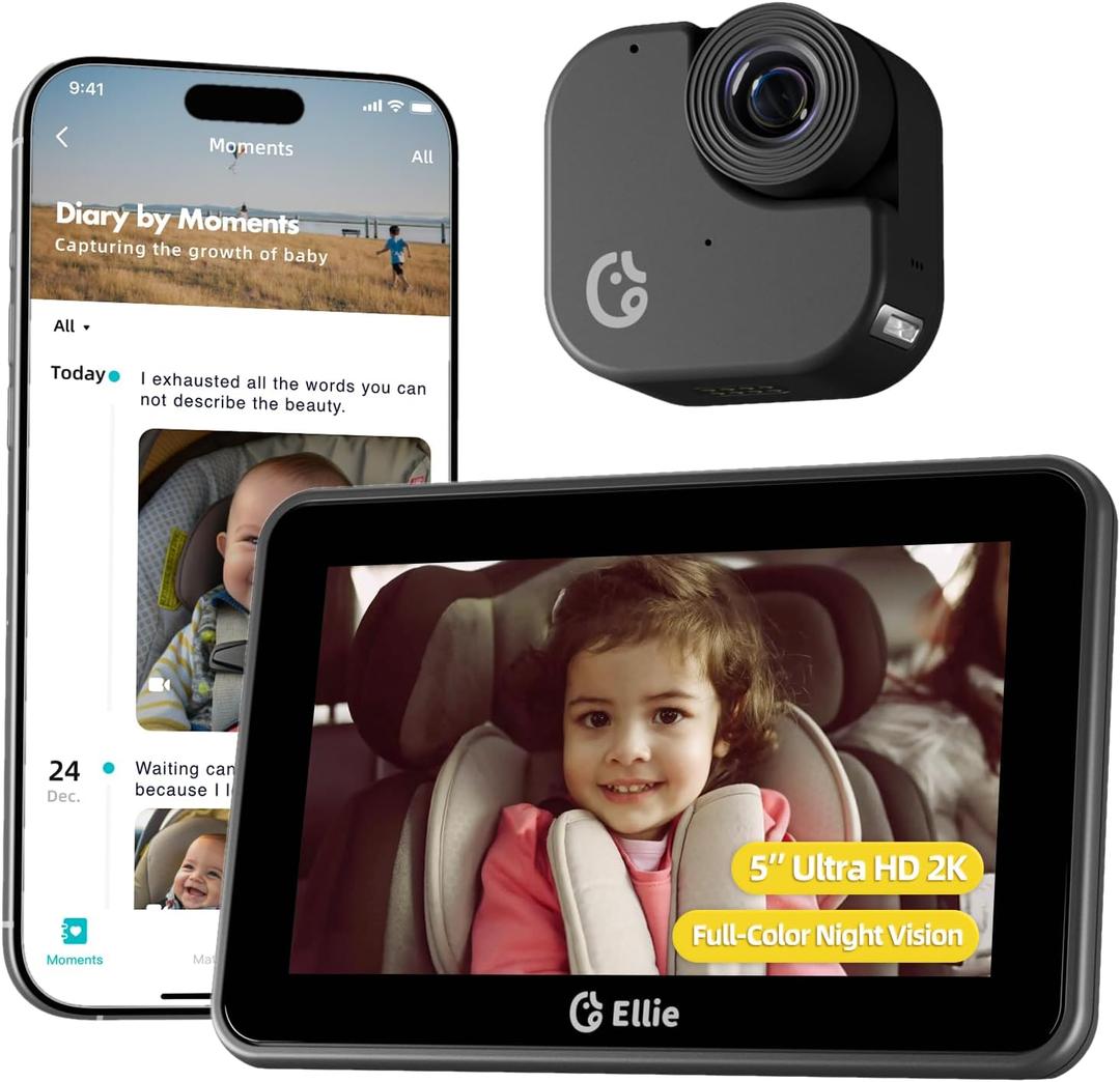 Ellie Baby Car Monitor, 2K UHD Backseat Monitor with Color Night Vision, Face Tracking, Dual Display for 2 Kids, Wide View Car Baby Camera, Smart Video Capture & App Control