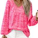 2 x Zenlonr Women's Summer Tops Dressy Casual 2025 V Neck Satin Silk Printed Shirts Boho Long Sleeve Work Blouses(Print Pink,Large) (Pink, L)