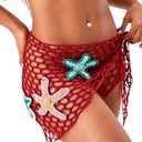 Crochet Beach Sarong Wrap, Red Mesh with Starfish Appliques, Swimsuit Cover Up (red, Medium) (M)