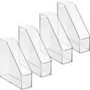 mDesign Plastic Slim Vertical File Folder Storage Organizer Bin with Handle, Hold Notebooks, Binders, Envelopes, Magazines for Home Office, Work Desktops, Ligne Collection, 4 Pack, Clear