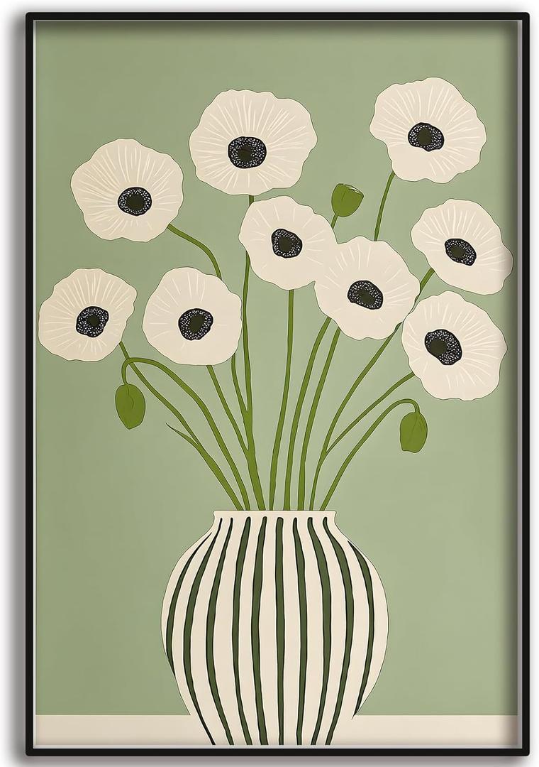 SKTBJWNYK Green Poppy Floral Wall Art, Minimalist Botanical Prints Green Abstract Poppy Painting Boho Minimalist Botanical Home Decor for Living Room Bedroom Decor 16x24 Inch Unframed