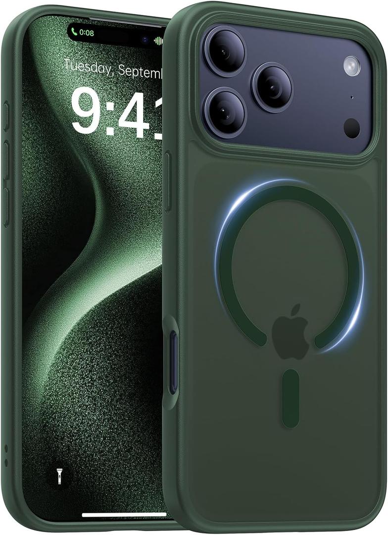 2 x Magnetic for iPhone 17 Pro Max Case,[Anti-Slip][Compatible with MagSafe][Military Grade Drop Protection] Shockproof Protective Translucent Phone Case for iPhone 17 Pro Max Case,Forest Green