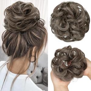 CJL HAIR Large Messy Bun Hair Piece Wavy Curly Scrunchies Synthetic Chignon Ponytail Hair Extensions Thick Updo Hairpieces for Women Pepper Brown