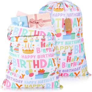 Pickmesh 2 Pcs Happy Birthday Drawstring Gift Bags 20 x 28 Inch Extra Large Baby Shower Bags Reusable Fabric Colorful Wrapping Pouches for Gender Reveal Supply Decor(White, White Birthday)