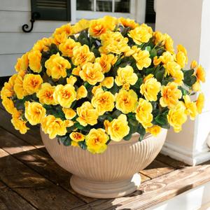 Artificial Fake Flowers Plants for Outdoor Outside Spring Decor, Faux Silk Yellow Camellia UV Resistant Look Real for Planter Pot Porch Patio Balcony Garden Yard