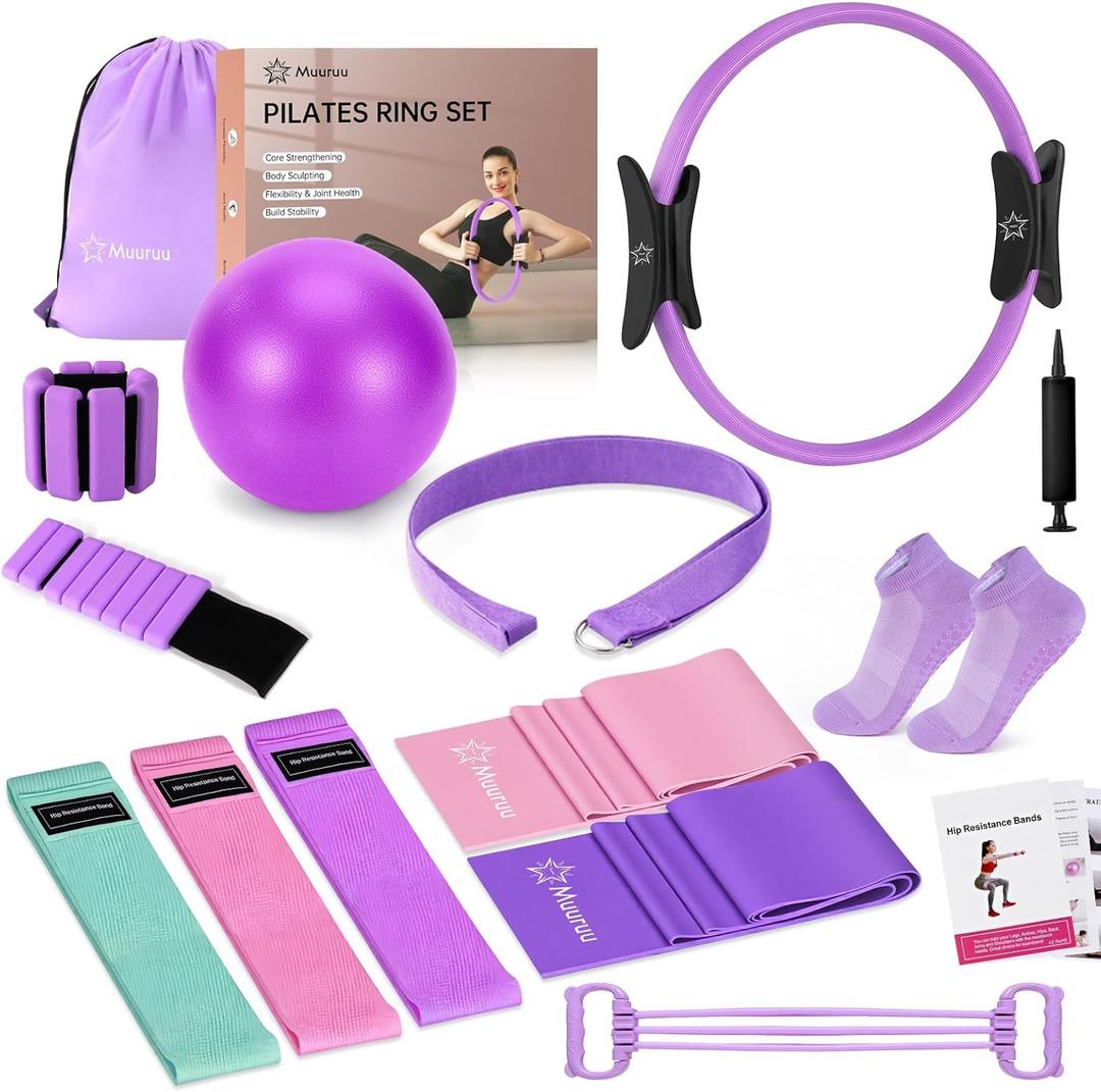 Pilates Equipment Kit for Home Workout, Pilates Ring and Ball Set for Women, 14'' Magic Circle Essentials Accessories Kit with Wrist Weights, Resistance Bands, Yoga Strap, Core Sliders, Socks, Bag (21-Pieces)