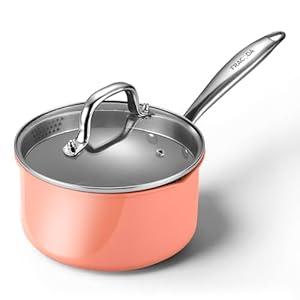 Fracoda 2 qt Nonstick Sauce Pan with Lid, Ceramic Saucepan Small Cooking Pot Non Toxic, PTFE & PFOA Free - Oven Safe & Compatible with All Stovetops (Gas, Electric & Induction)-Perracotta