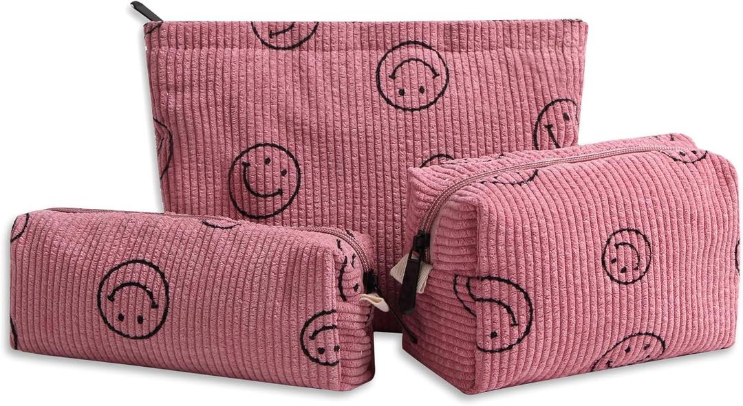 Cosmetic Bags for Women - 3PCs Corduroy Cosmetic Bag Aesthetic Women Handbags Purses Smile Dots Makeup Organizer Storage Makeup Bag Girls Case Bags (3Pcs pink)
