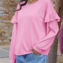 Fisoew Womens Crewneck Sweatshirts Fall Casual Ruffle Long Sleeve Roll Hem Loose Cropped Pullover Tops (Pink)