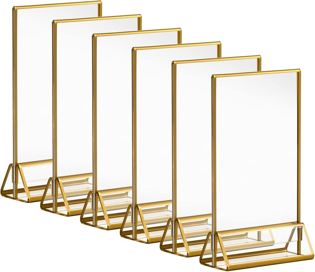 4x6 Acrylic Gold Sign Holders 6 Pack, Vertical Clear Picture Frames with Gold Borders, Double Sided Table Menu Display Stand for Restaurant Signs, Wedding Table Numbers, Photos and Art Display