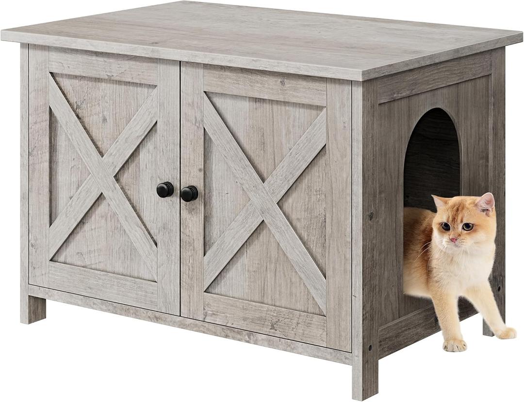 Shintenchi Cat Littler Box Enclosure, Litter Box Furniture Hidden with Removable Divider, Cat House with End Table, Grey, 31.5 inch