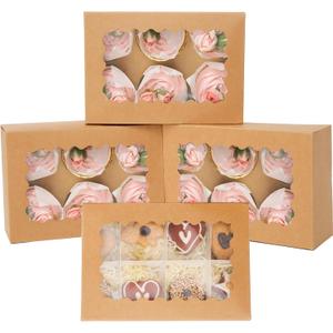 qiqee Brown 6 Cupcake Boxes with Window 30 Auto pop up Packs Cupcake Box 9.4"x6.1"x3.3" Bakery Boxes For Cupcakes Carrier, Cupcake Containers