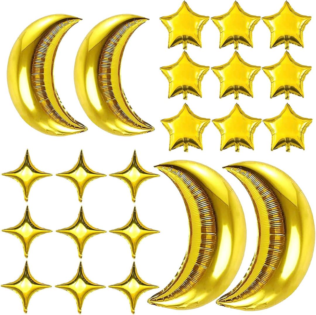 54Pcs Star Foil Balloons Moon Foil Mylar Balloons Kit with 50Pcs Gold Star Balloons and 4Pcs Large Moon Foil Balloons for Baby Shower Christmas Anniversary Engagement Wedding Birthday Party Decoration