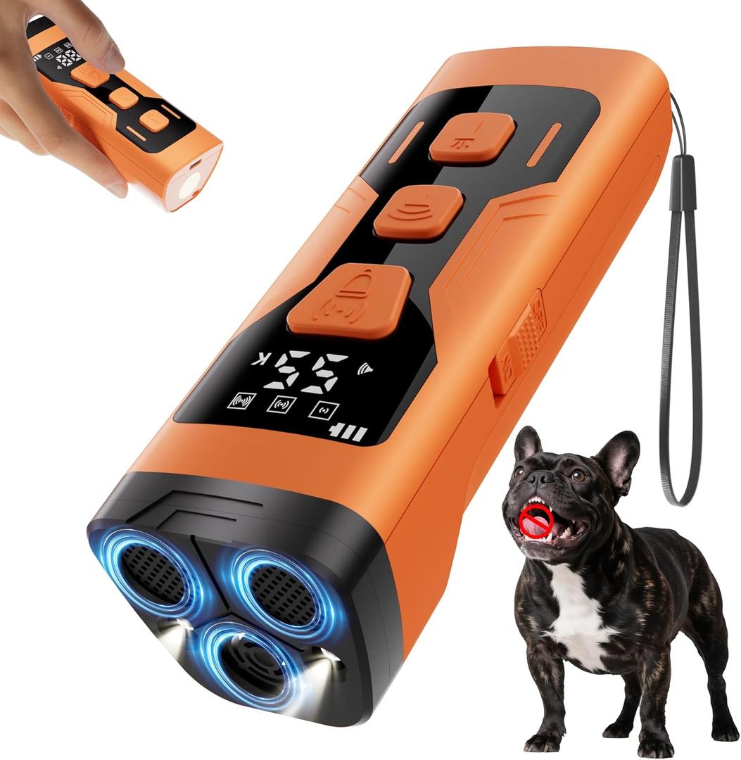 Dog Bark Deterrent Devices, 3X Ultrasonic Anti Barking Device for Dogs, 4 Frequencies 5 Training Modes 65ft Safer Alternatives to Bark Collars, Portable Design with Display for All Dogs (Orange)