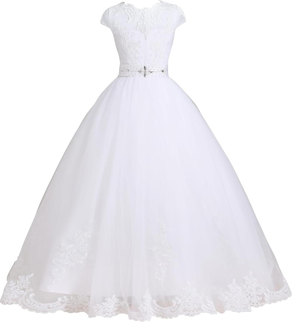 LSSAWZH First Communion Dress Flower Girl Dress Appliqus Tulle Lace Puffy Bridesmaid Pageant Ball Gown Wedding Floor Length (10, White)