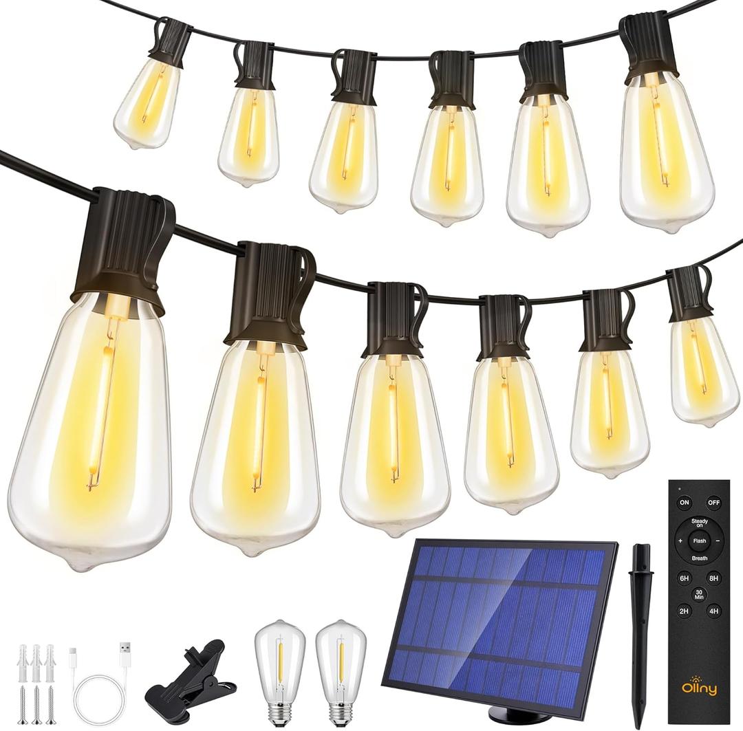 Ollny 50+2 LEDs ST38 Solar String Lights, 100 FT USB & Solar Dual Charging Outdoor String Lights, 3 Modes 5 Timers 10 Brightness 2200K Waterproof Patio Lights for Porch Garden Market Bistro Camping