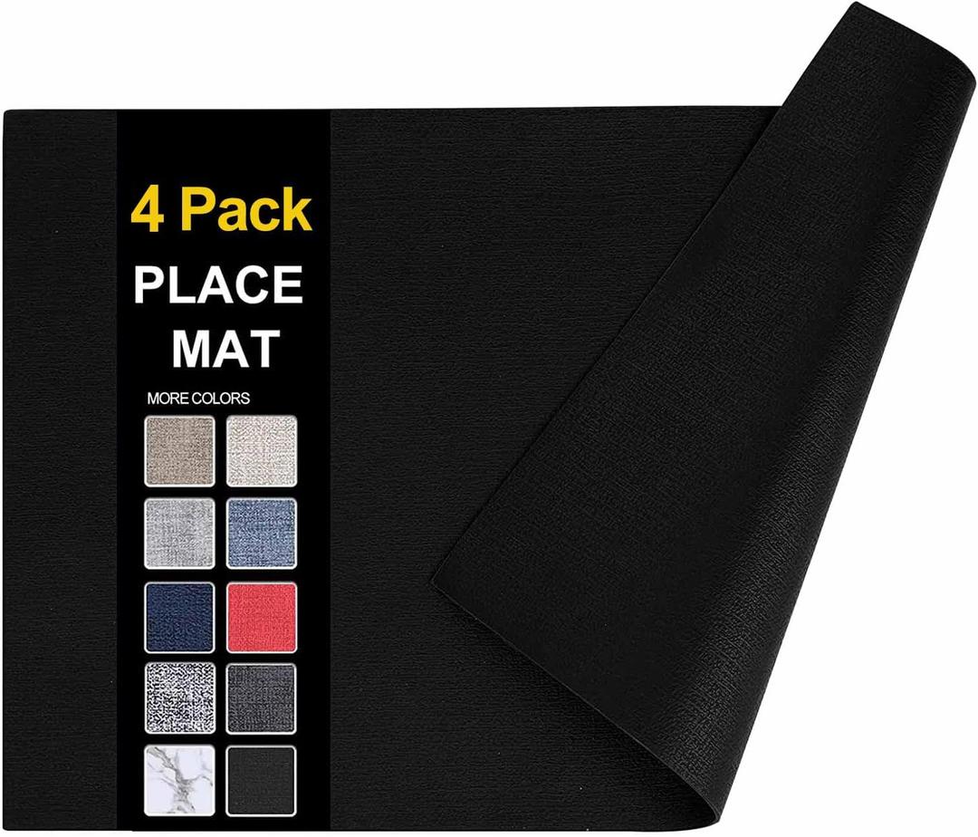 homing Faux Leather Heat Resistant Placemats 4 Packs, Waterproof Wipeable Dining PU Place Mats for Indoor & Outdoor, Easy to Clean, Black (11.8" x 17", Rectangular 4PCs)