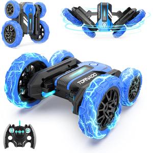 BEZGAR TD202 Remote Control Car - Double Sided RC Stunt Car,360 Flip Spinning RC Cars with Bright Lights,Outdoor All Terrain Rechargeable Electric Car,Fun Toy Cars Gifts for Boys,Girls Kids&Adults (Blue)
